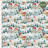 Watercolor Soft Houses and Trees Landscape Patterned Digital Printed Fabric